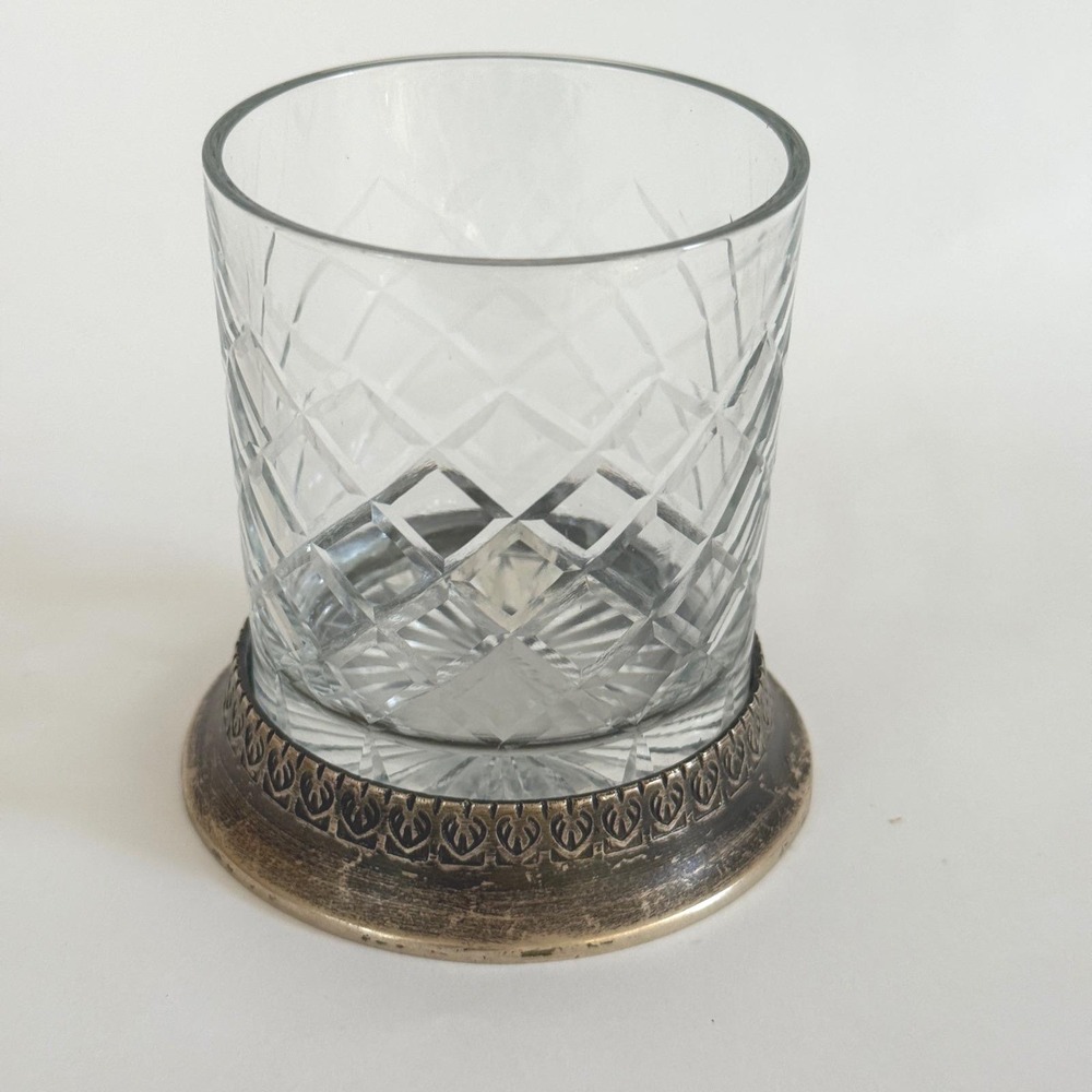 Vintage Cut Crystal Whiskey Glass Heavy Brass Base Diamond Lattice Tumbler